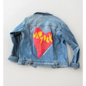 New York Denim Oversized Jean Jacket Size XS Patches Stonewall Riots